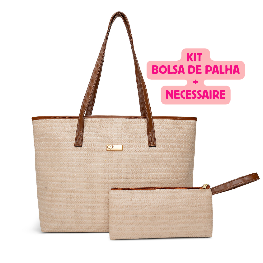 Kit Bolsa Grande de Praia em Palha Sintética + Necessaire (Ambas com Fechamento em Zíper) em Oferta na Shopee