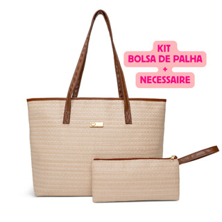 Kit Bolsa Grande de Praia em Palha Sintética + Necessaire (Ambas com Fechamento em Zíper)