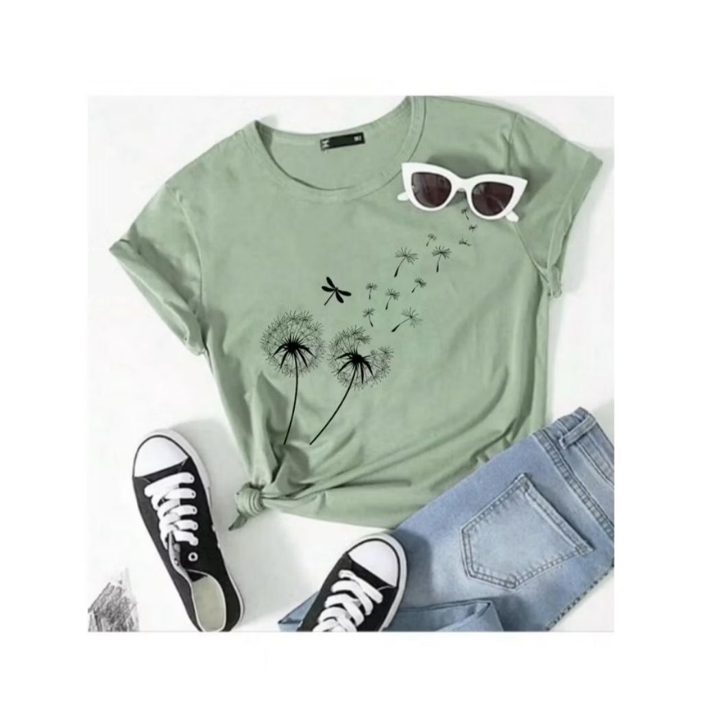 Camiseta Feminina Estilosa Estampada Dente-de-Leão Top Minimalista