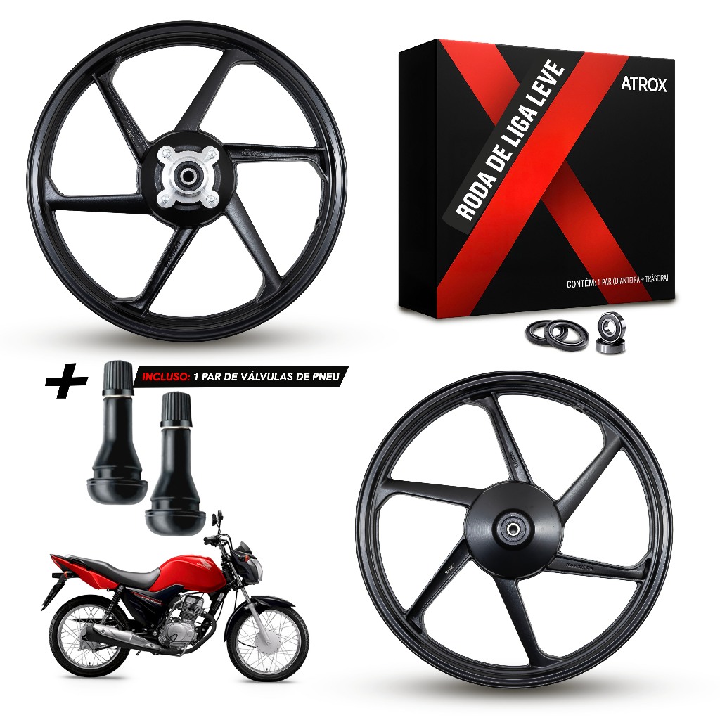 Jogo de Rodas de Liga Leve CG 125 Fan 2009 a 2012 Freio a Lona Preta 6 Palitos (Par) em Oferta na Shopee