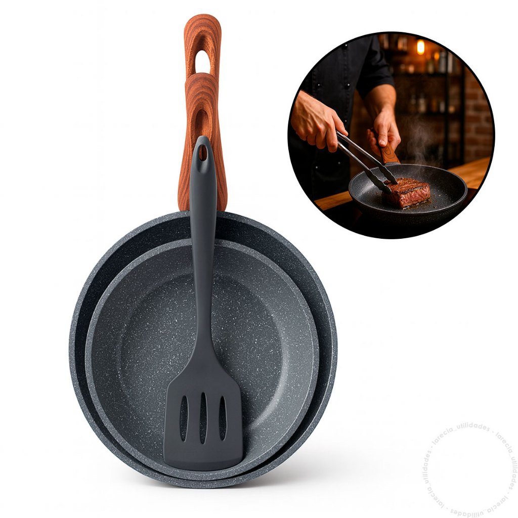 Imagem Kit Frigideira 3 Peças 20cm+24cm+espátula de Silicone Antiaderente Cerâmica Indução