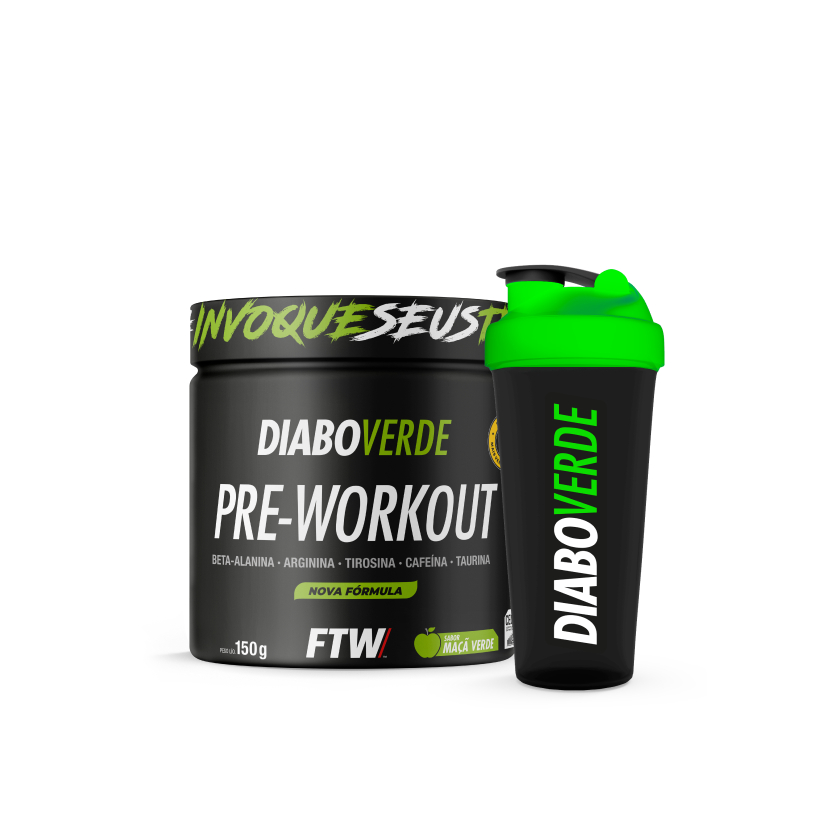 FTW Pré Treino Diabo Verde Pote 150g + Coqueteleira Fumê Tampa Verde 600ml em Oferta na Shopee