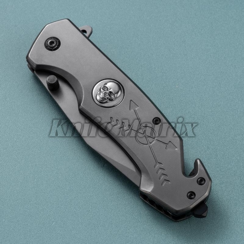 Canivete Cinza Titanium Multifuncional Semi Automatico De Bolso Clip Com Trava TC12 KNIFE MATRIX