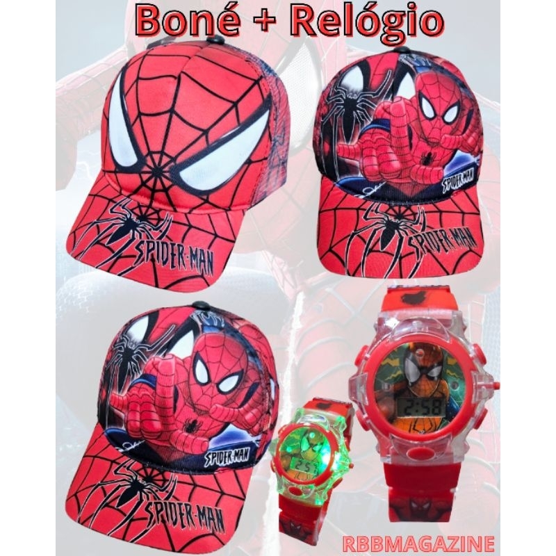 Kit Boné Estampado + Relógio Musical com Luzes Homem-Aranha em Oferta na Shopee