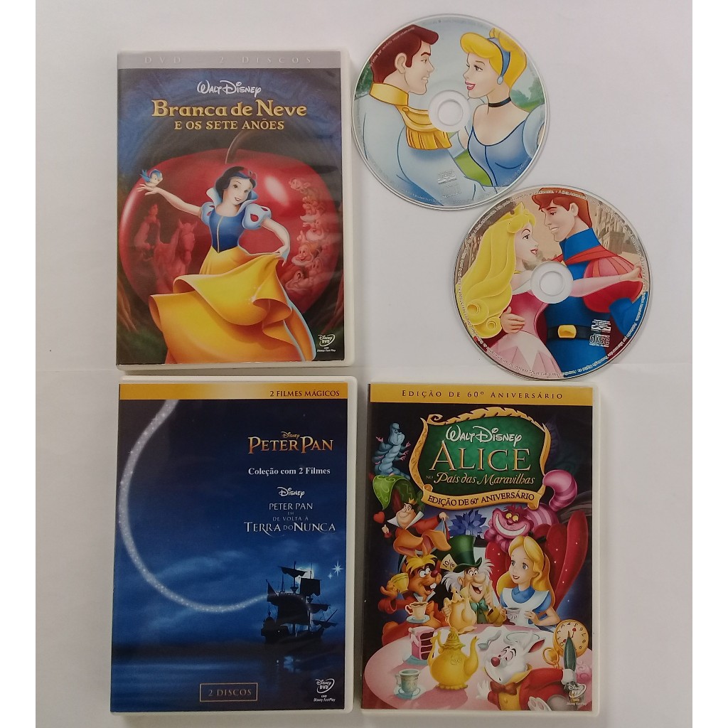 Lote Incompletos Disney 3 DVDs e 2 CDs: A Branca de Neve + Peter Pan + Alice no País das Maravilhas
