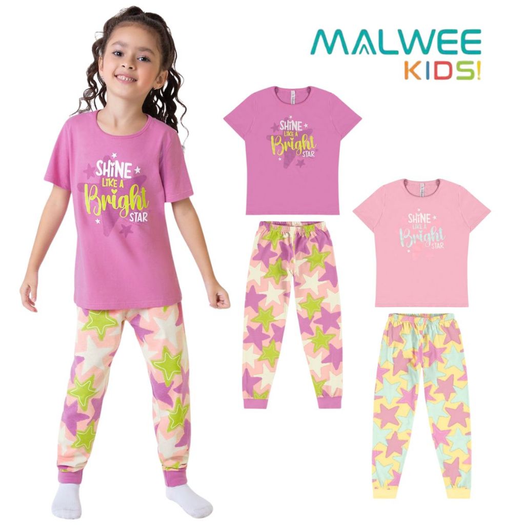 PIJAMA MENINA INFANTIL CAMISETA E CALÇA BRILHA NO ESCURO MENINA ALGODÃO MALWEE KIDS