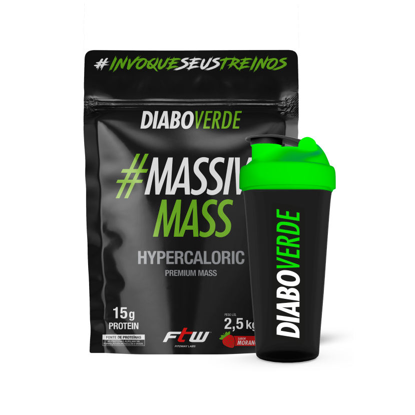 Diabo Verde #Massive Mass Hypercaloric 2,5kg Hipercalorico + Coqueteleira Fumê com Tampa Verde 600ml em Oferta na Shopee