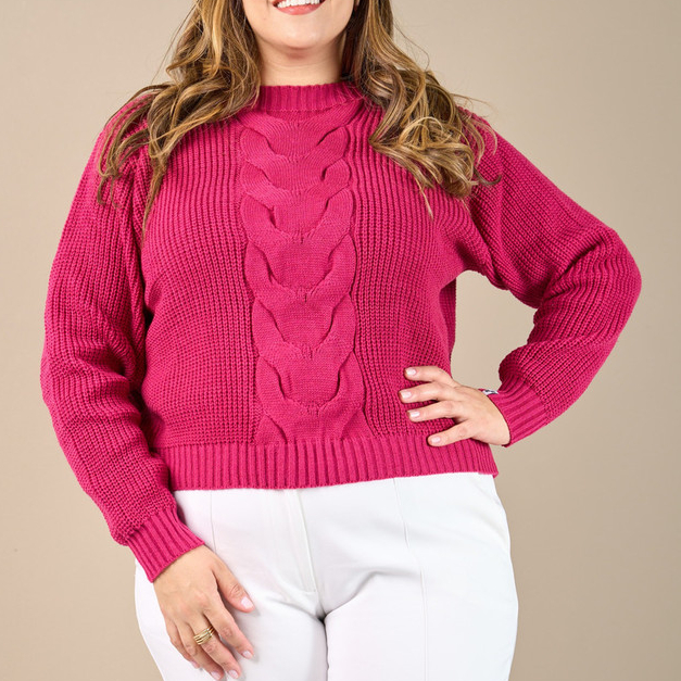 Blusa Cropped Feminina Plus Size Manga Longa Tricô Estilo Trança Frontal - 20222