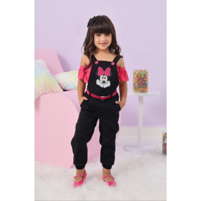 CONJUNTO FEMININO INFANTIL JUVENIL MINNIE MACACÃO+CINTO E BLUSA CIGANINHA