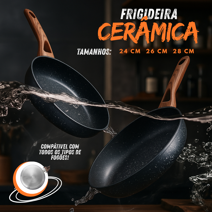 Frigideira Cerâmica Antiaderente Alumínio Funda Compatível Fogão Gás Elétrico Indução 24-26-28cm