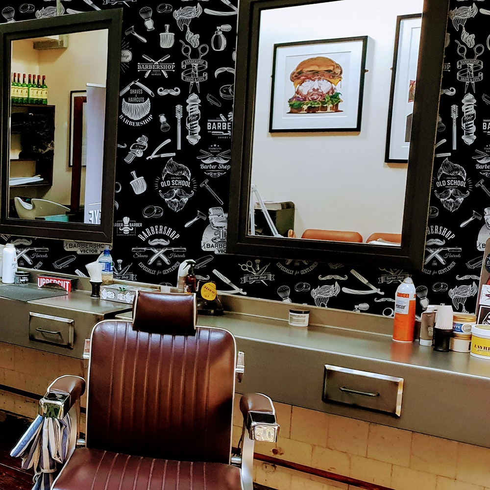 Papel Parede Autoadesivo Vinílico Barber Preto Decoração Barbearia Old School Retrô Masculina Lavável
