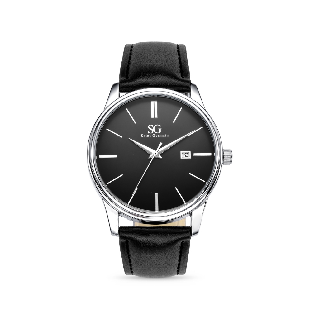 Relógio Masculino Chroma Preto Couro com Caixa Prata Saint Germain Design Elegante Clássico
