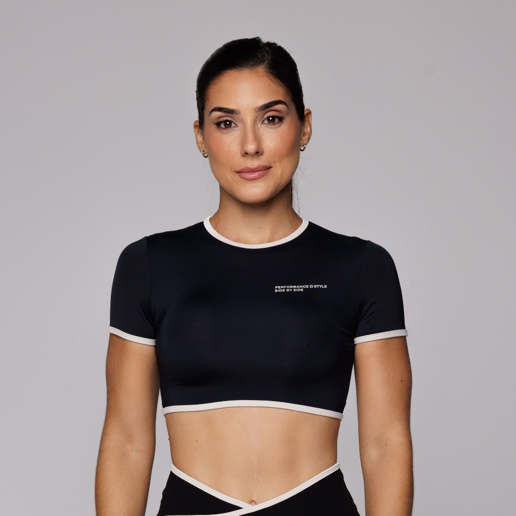 Cropped com Manga Microfibra Barrinha Branca Estampado Coleção Duo em Oferta na Shopee