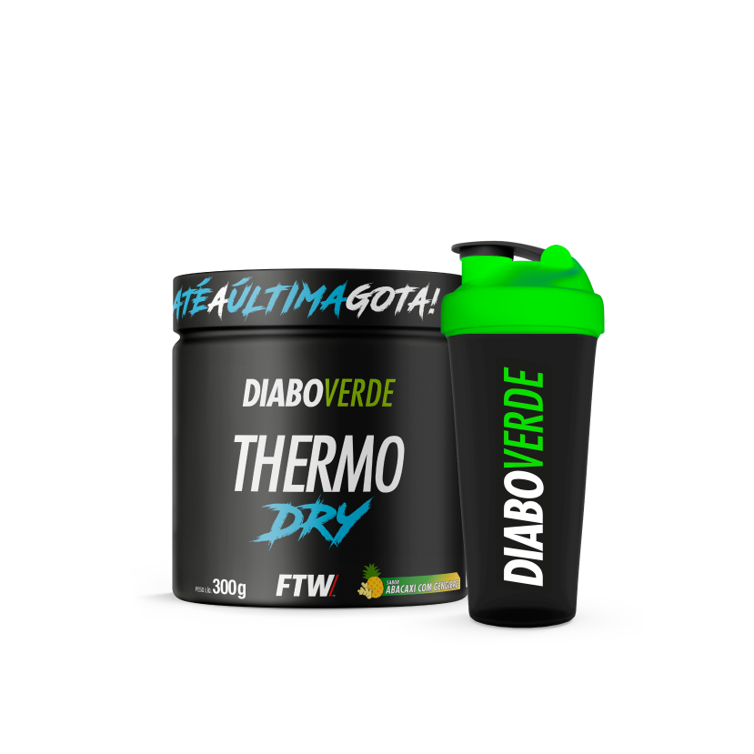 Diabo Verde #Thermo Dry 300g Sabor Abacaxi com Gengibre + Coqueteleira Fumê com Tampa Verde 600ml em Oferta na Shopee