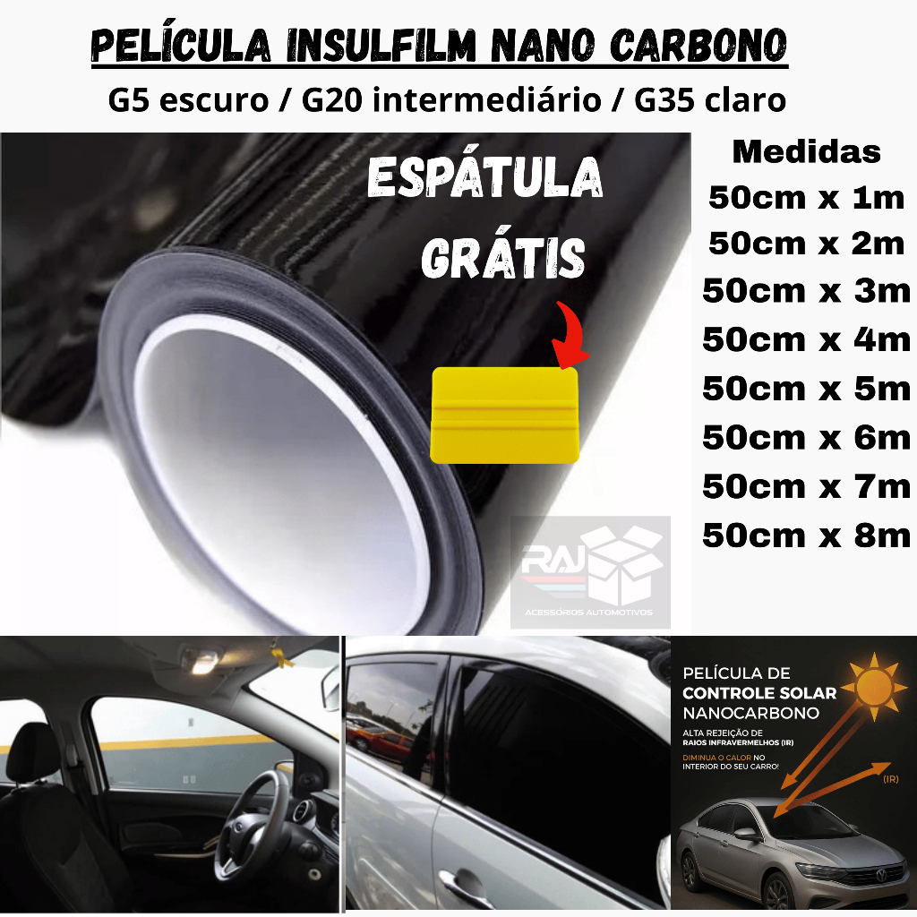Película Tipo Insulfilm Nano Carbono Profissional, largura50cm – G5 G20 G35 Automotiva/Residencial