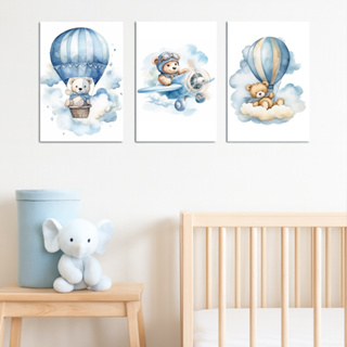 Kit 3 Quadros MDF Infantil – Ursinhos Aviadores urso nas Nuvens Decoração Criativa para Quarto de Menina - 20x30cm em Oferta na Shopee