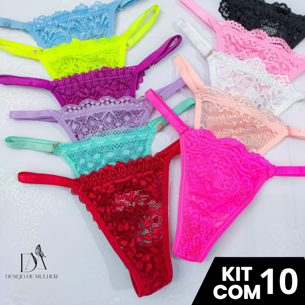 Kit 10 Calcinhas Tanga de Renda Sexy Fio Dental com Regulagem Lingerie Feminina Sensual