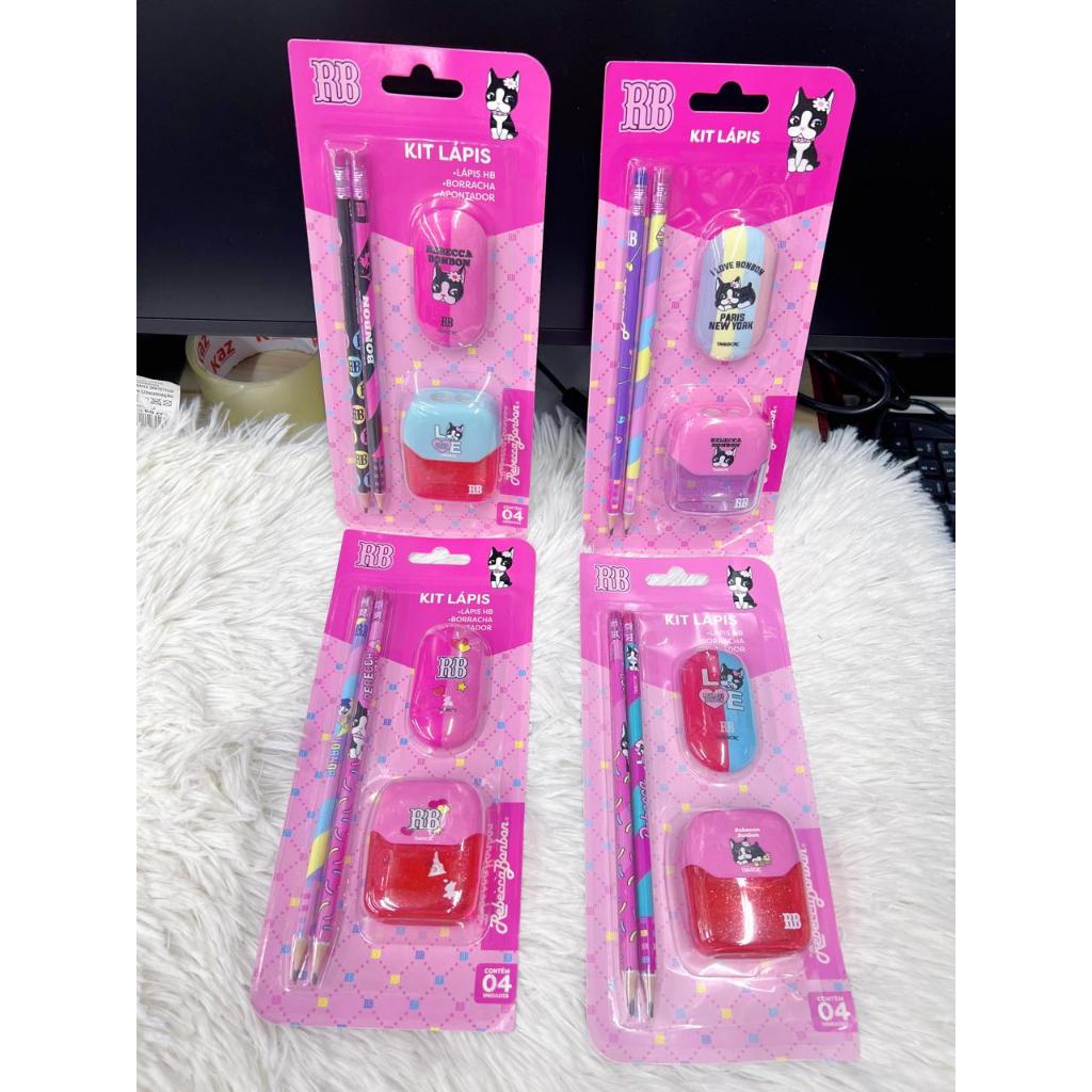 KIT MATERIAL ESCOLAR 2 LAPIS PRETO HB 1 BORRACHA 1 APONTADOR REBECCA BONBON OFICIAL-- em Oferta na Shopee