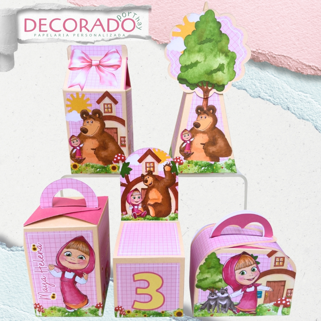 Kit caixas Masha e o urso aquarela festa pegue e monte Decoração Lembrancinhas papelaria masha e o urso tons claros