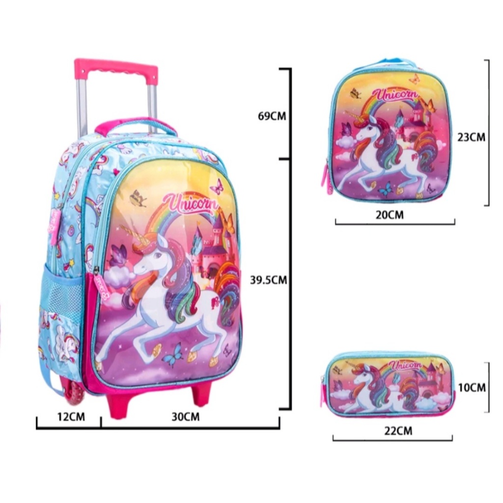Mochila Infantil Escolar Menina Unicórnio Kit Escolar Mochila de Carrinho + Lancheira + Estojo