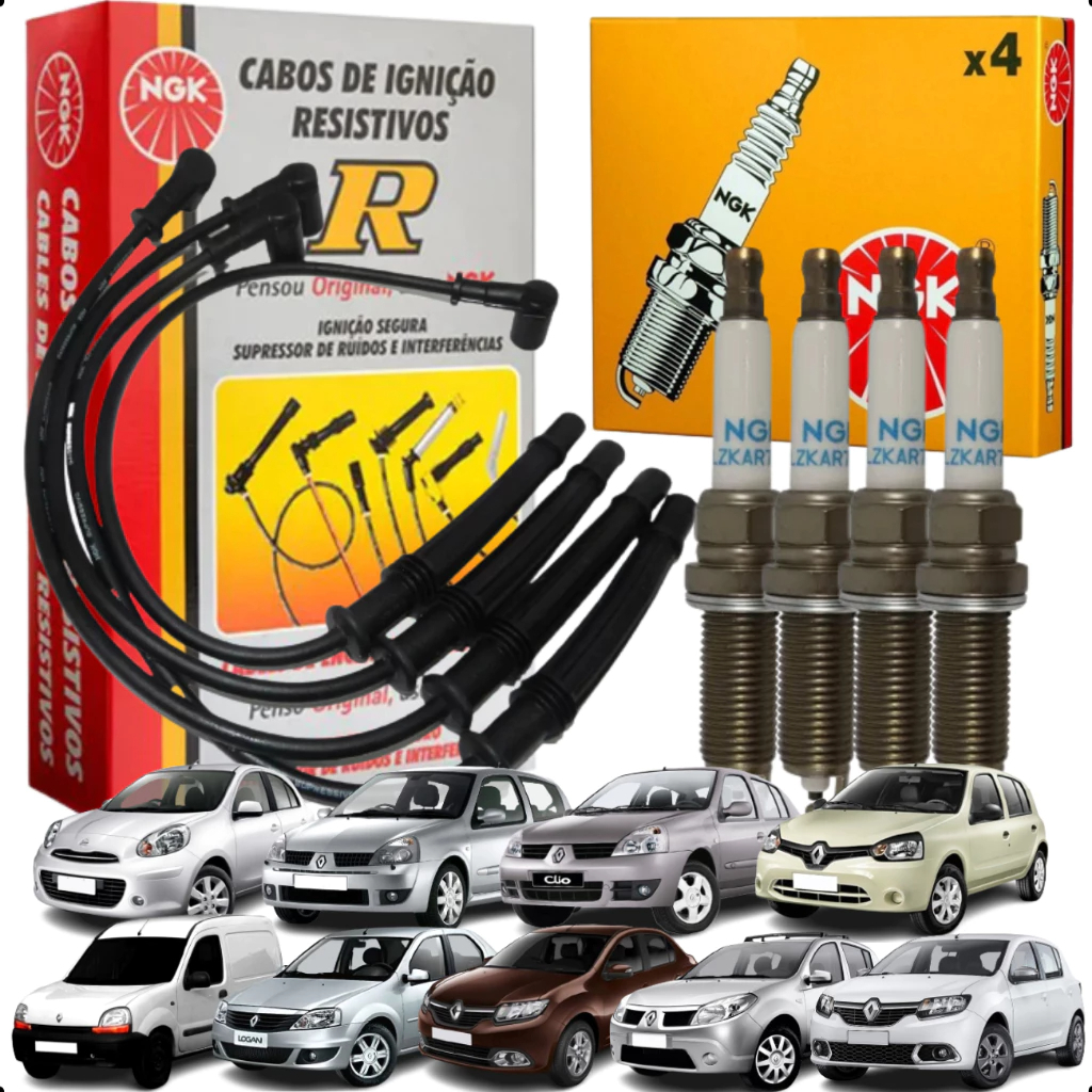 Kit Jogo Cabo E Vela de Ignição Ngk Para Renault Sandero Clio Logan Kangoo March 1.0 16v