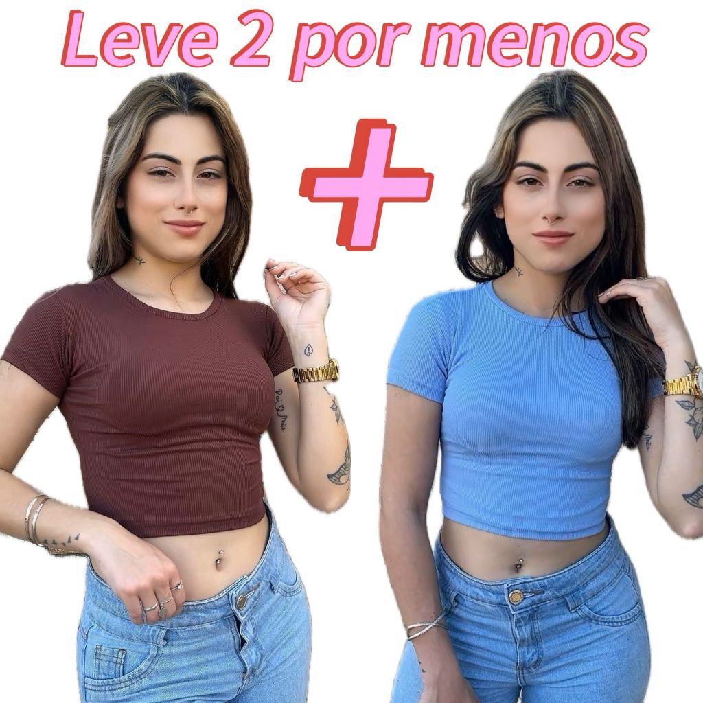 Kit 2 Croped Feminino Ribana Cropped Canelado ou unidadde Blusa Camiseta Básica Casual Blusinha para Dia Dia-  ref=03 em Oferta na Shopee