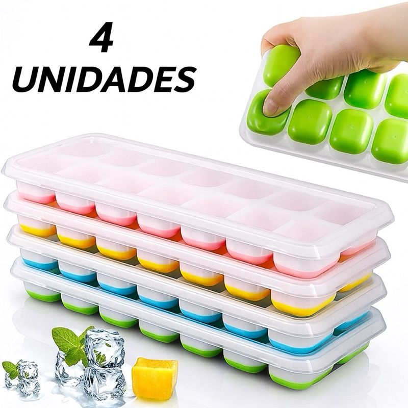 Kit Forma Com Tampa Gelo Ice Flexivel Forminha Fundo Silicone 14 Cubos Alimentos Frutas Papinha
