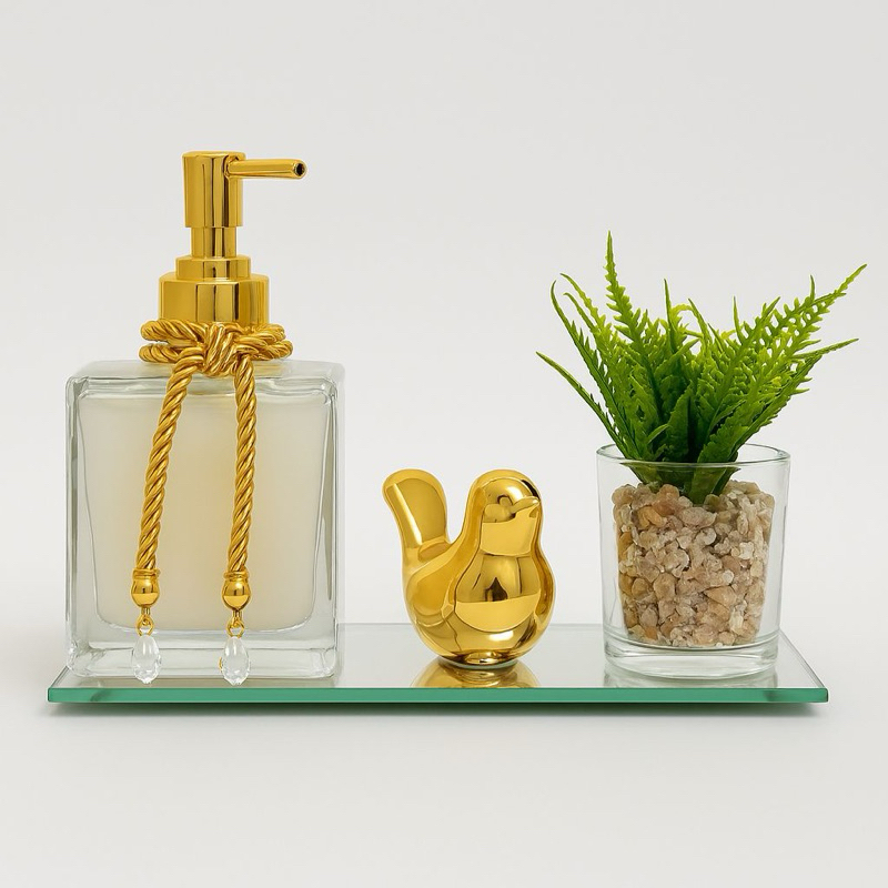 Kit Saboneteira de Vidro ja com sabonete liquido 250ml com Passarinho Dourado e Vaso Decorativo em Oferta na Shopee