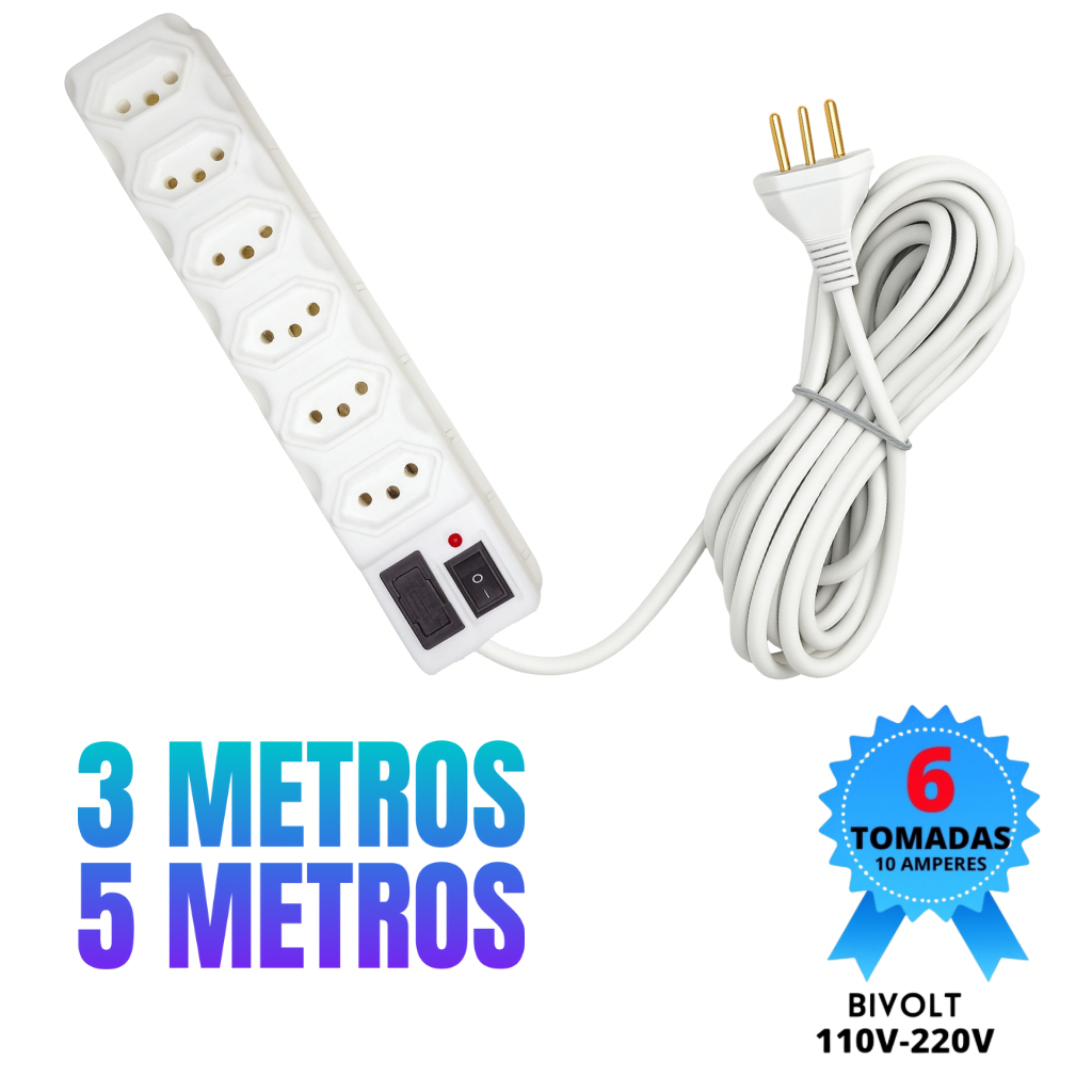 Filtro de Linha Protetor Elétrico 6 Tomadas cabo 3 Metros com Fusível de Proteção – 127V/220V