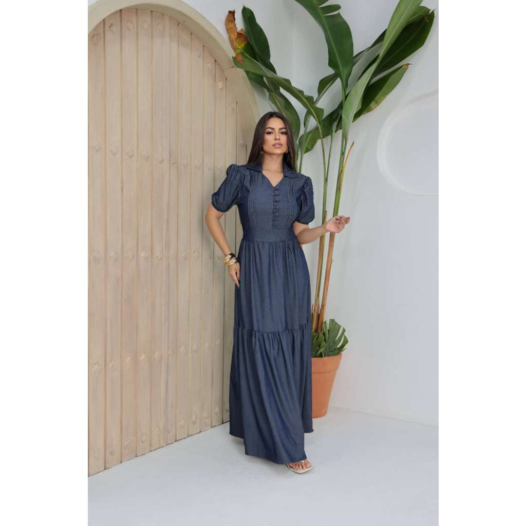 Vestido longo elegante com botaos manga curto 6682
