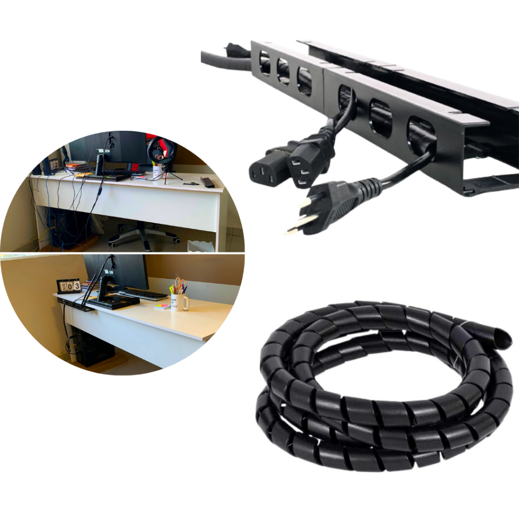 Organizador de Fios e Cabos Canaleta 0,5M + Organizador de Fio Espiral 5M Home Setup Gamers Office
