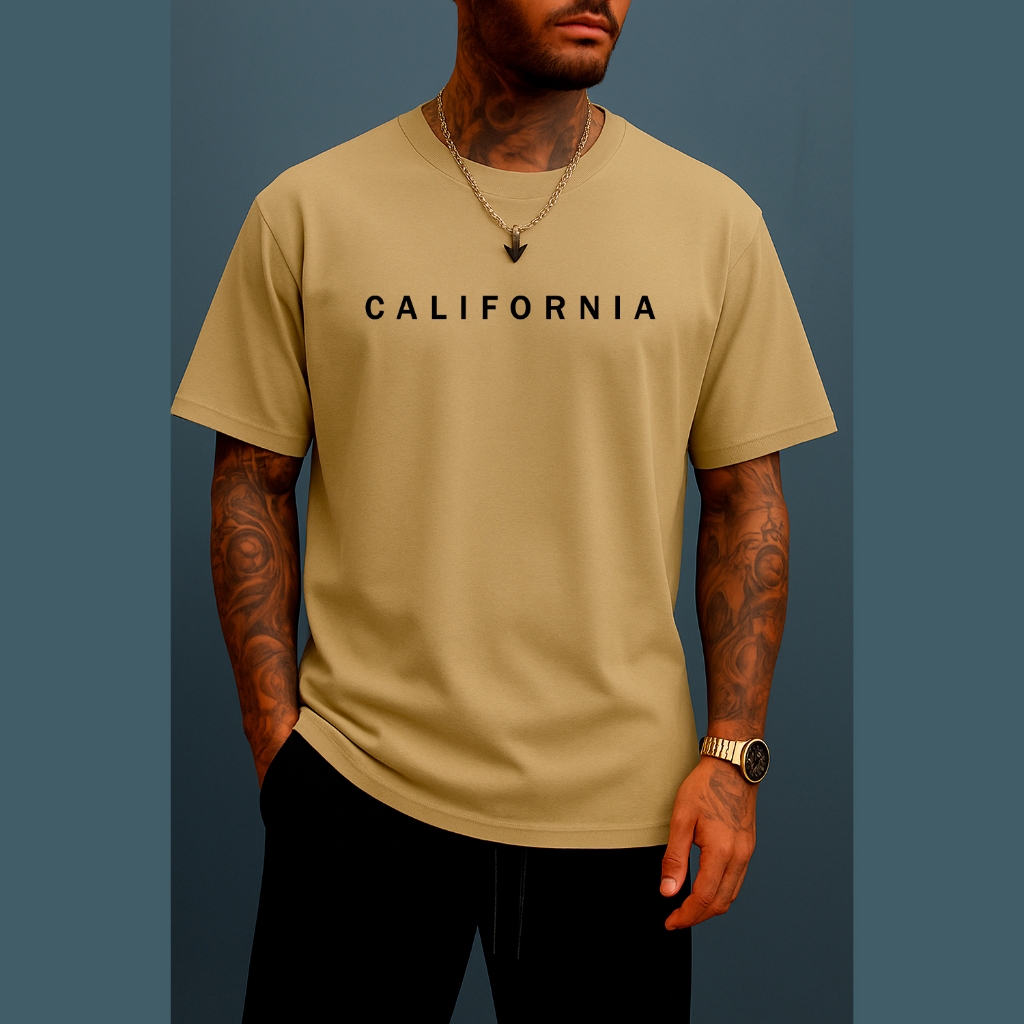Camiseta Masculina California Manga Curta Tecido 100% Algodão Premium Rreforço Ombro a Ombro