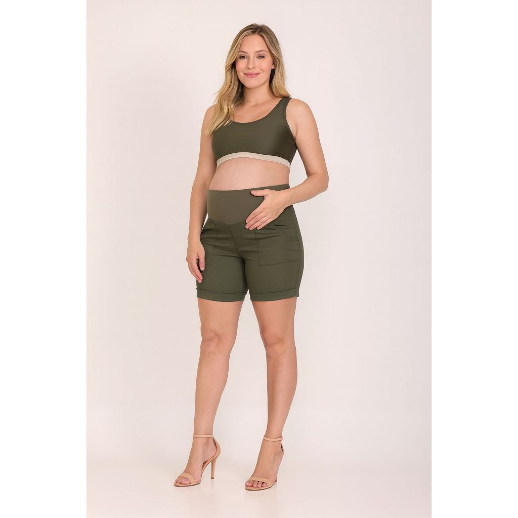 Short Gestante de Brim com Lycra Verde Militar  e Cós em Suplex Gravida Short Fresco Gestante – Confortável do P ao EXG em Oferta na Shopee