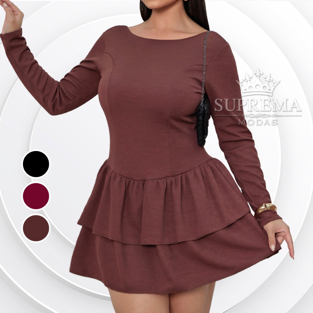 Vestido Curto Costa Nua Manga Longa Feminino Saia Babado Rodado Elegante Festa Bailarina