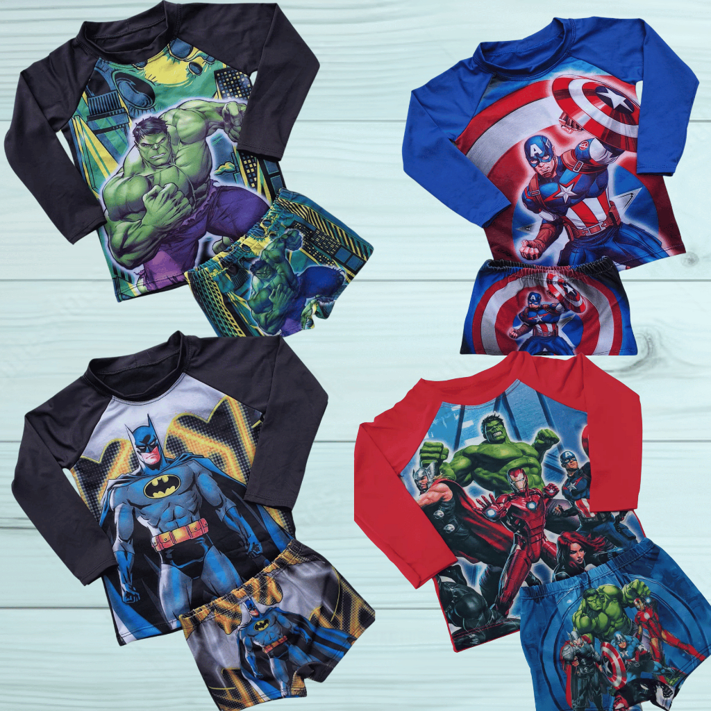Conjunto Praia Piscina Infantil Camiseta com Proteção Solar UV + Sunga super heroi e mais