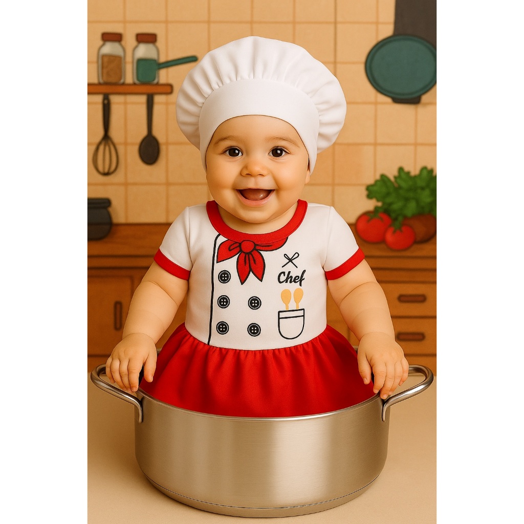 body bodie fantasia mesversário roupa bebê menina profissão cozinheira touca menina temática criança