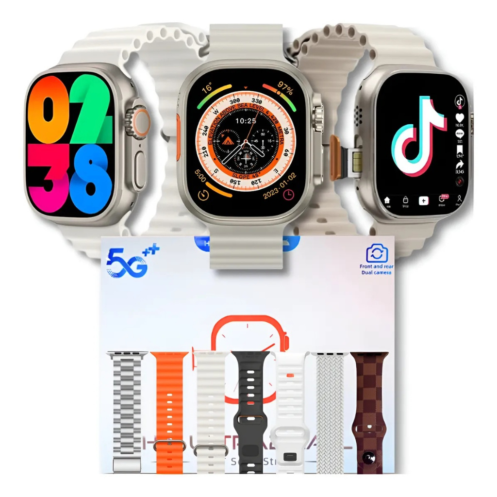 Relógio Smartwatch 4g 5g HW Ultra 2 Call Android Entrada Chip Câmera Frente e Verso 7 Pulseiras 2gb Ram 16gb Memória
