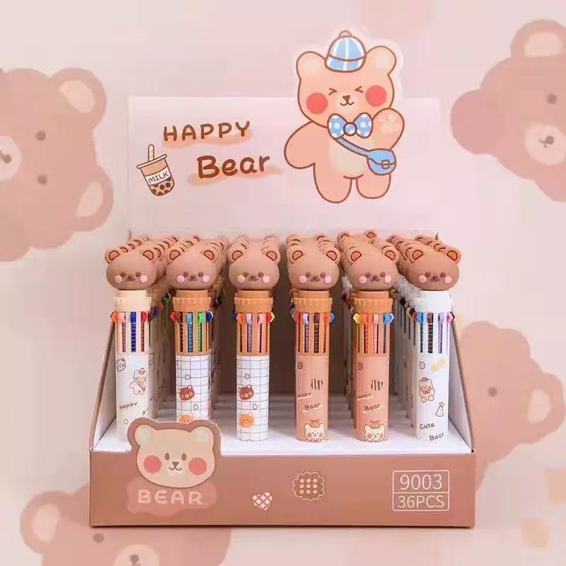Kit 4/8/12 Canetas Esferográficas 10 Cores – Urso Coca Fofo Kawaii Multicoloridas em Oferta na Shopee