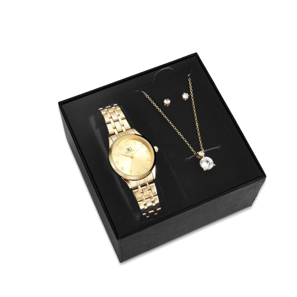 Kit Relógio Colar Brincos Dourado Feminino Saint Germain Delicado Elegante Luxuoso Dia a Dia
