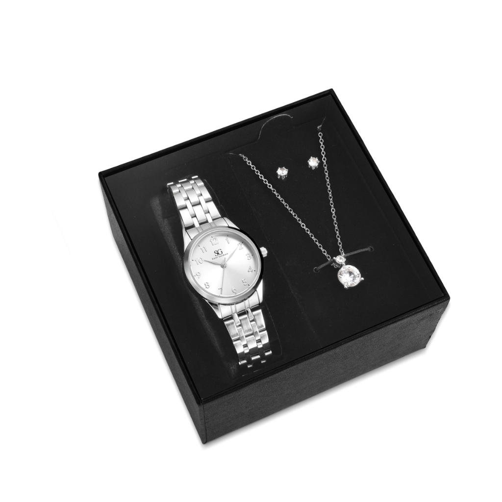 Kit Relógio Colar Brincos Prata Feminino Saint Germain Luxoso Elegante Delicado em Oferta na Shopee