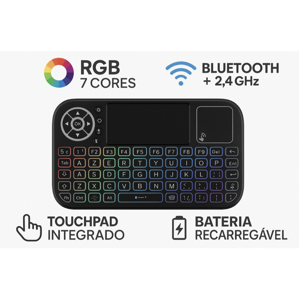 Mini Teclado Mouse Sem Fio RGB Bluetooth 2.4GHz com Touchpad Retangular para PC Notebook TV Box
