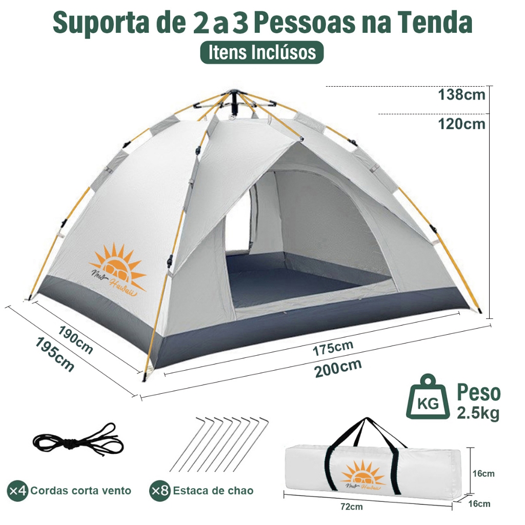 NEW HAWAII Barraca de Camping Automática 200*200*135cm Tenda de Acampamento Portátil Para 4 Pessoas