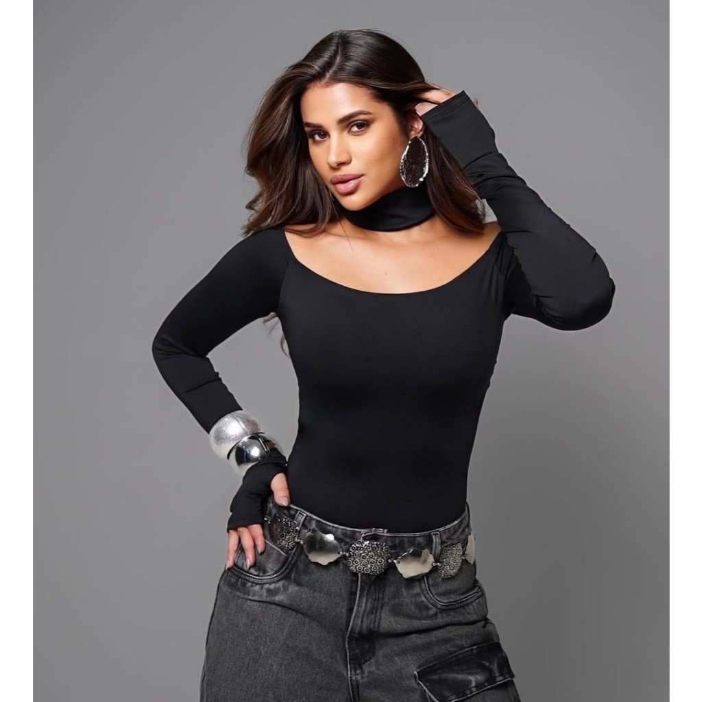Body Feminino Manga Longa Costas Nuas Trançado Suplex Premium Preto