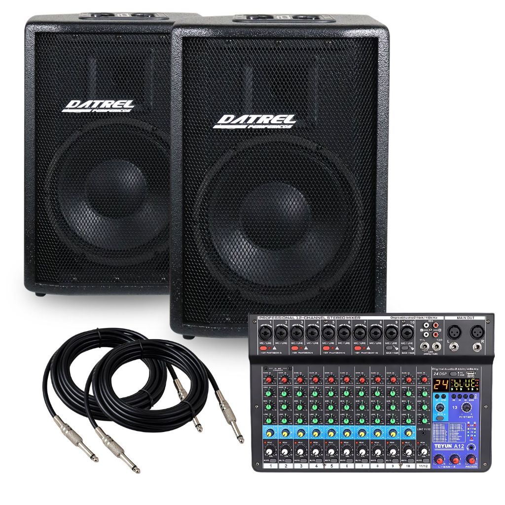 Kit 2 Caixas de Som Datrel 400w Rms 10 Polegadas Ativa Passiva Acustica Profissional + Mesa 12 Canais Bluetooth Mixer