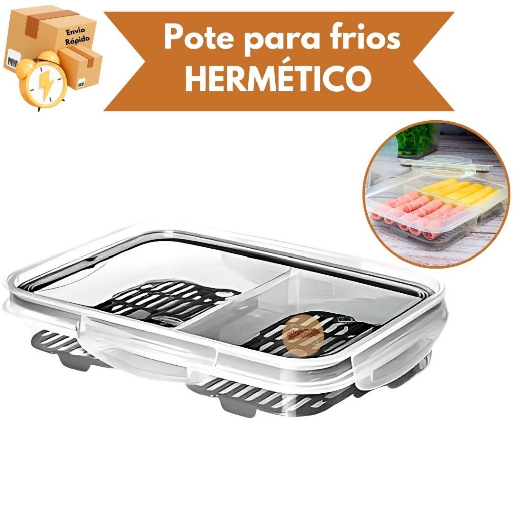 Porta Frios Com Escorredor Tampa Trava 2 Divisórias Retangular Pote Hermético em Oferta na Shopee