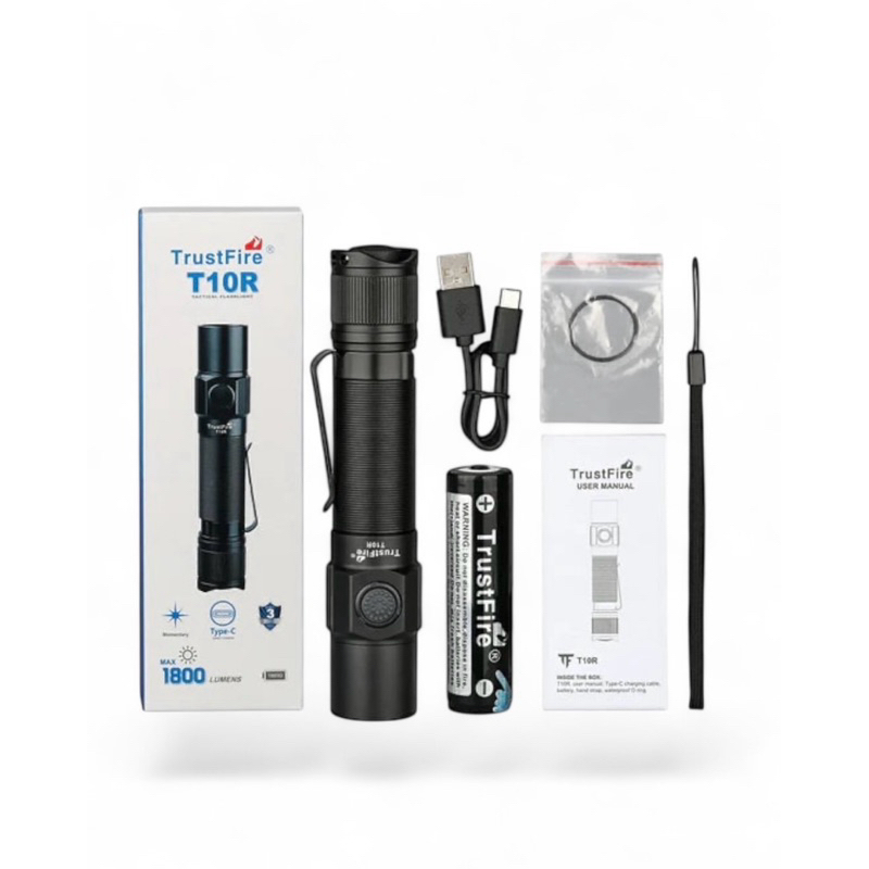 Lanterna Tática TrustFire T10R - 1800 Lumens LED Potente Recarregável USB, Militar para Caça, Pesca e Segurança.