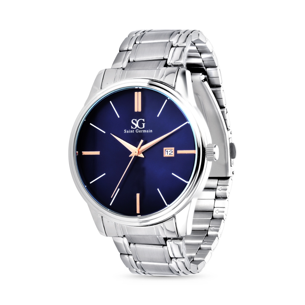 Relógio Masculino Chroma Clássico Prata Mostrador Azul Marinho Saint Germain Elegância Casual