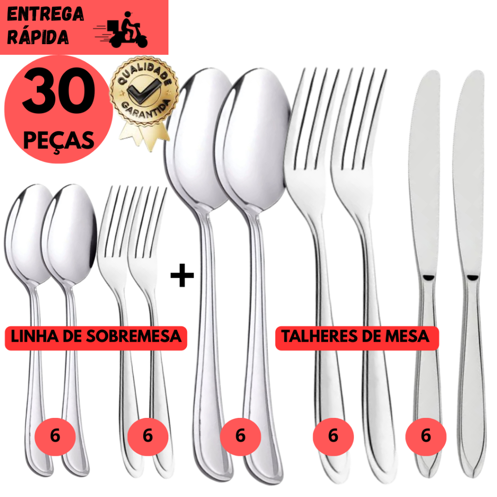 Kits 30/20 ou 15 Talheres Inox Completo Garfo Faca Colher Sobremesa Duráveis Refeições Buffet em Oferta na Shopee