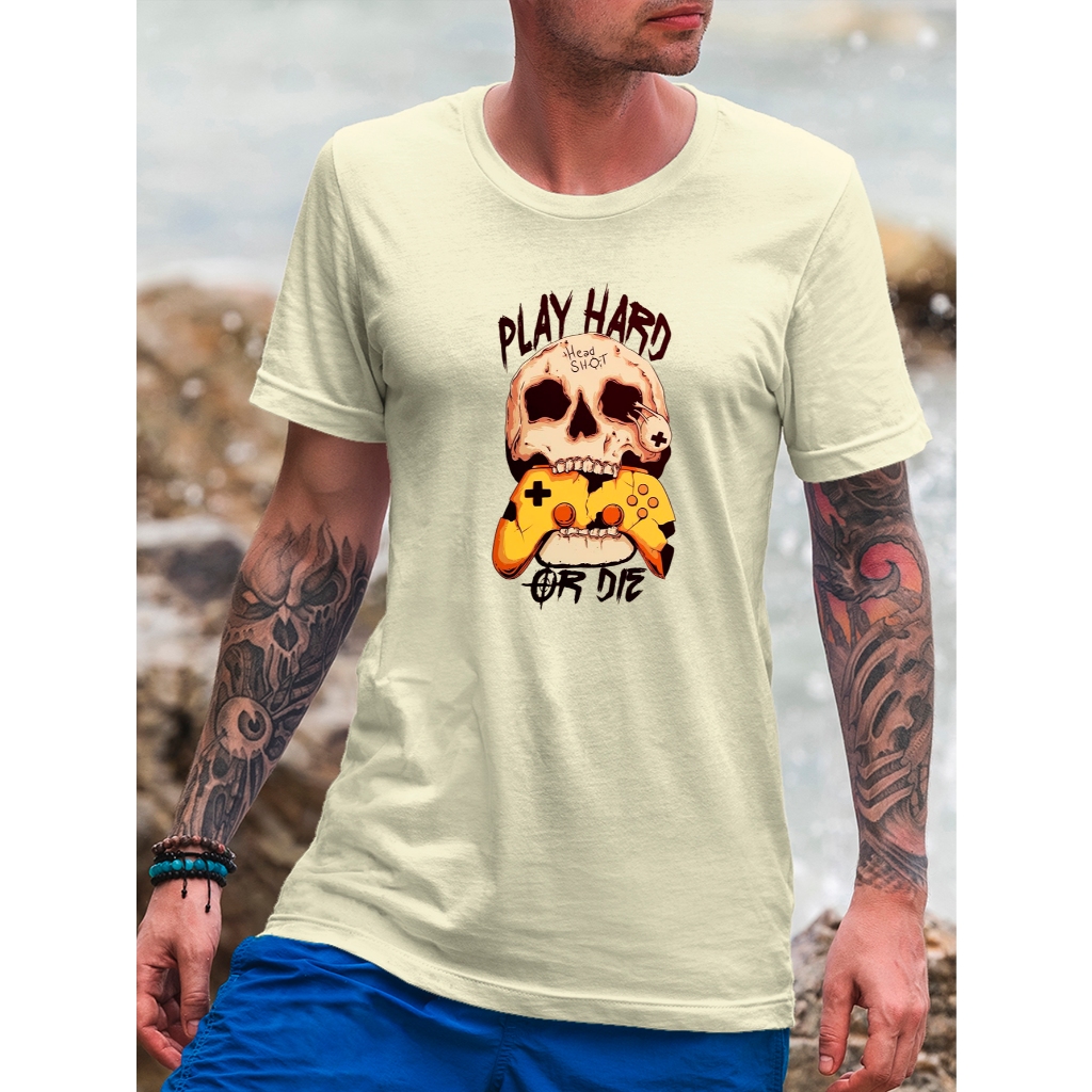 Camiseta Masculina Slim 100% Algodão Estampada Play Or Die Videogame Caveira