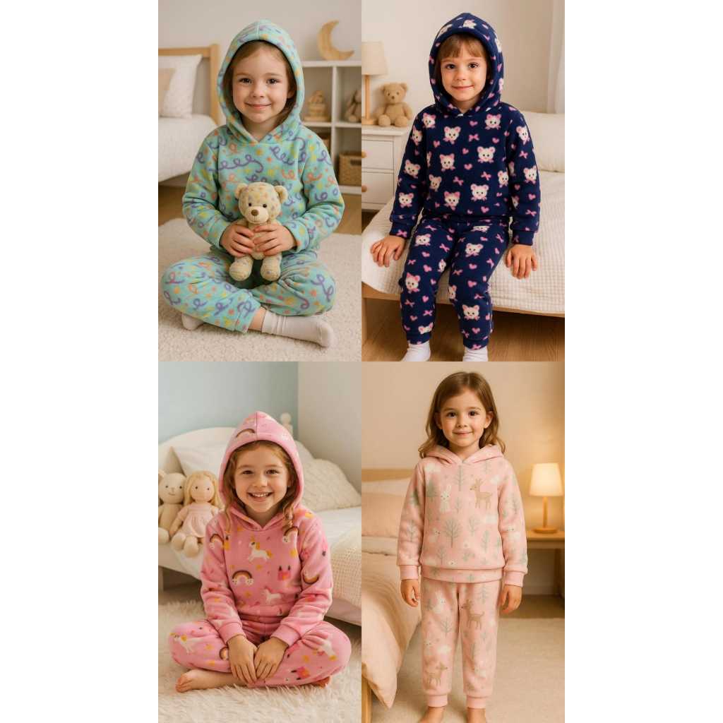 Pijama Infantil de Soft com Capuz Inverno Quentinho Fleece Menino Menina Manga Longa Calça Peluciado Tam. 04 ao 10